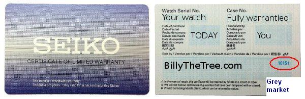 to distinguish Seiko AD Sia agent warranty card) vs grey import seikoparts